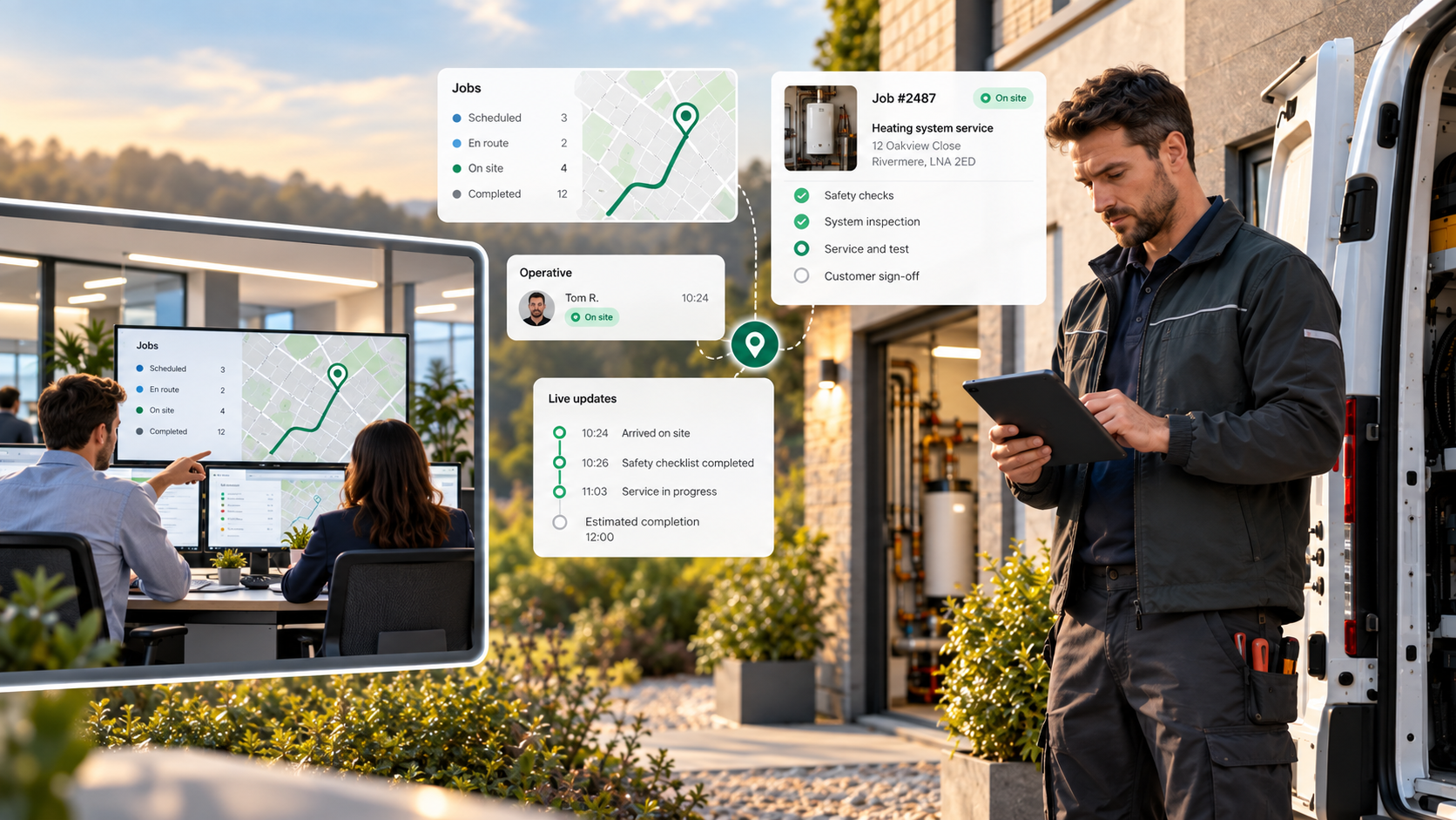 A field operative using a tablet with live job, location and back-office workflow information.